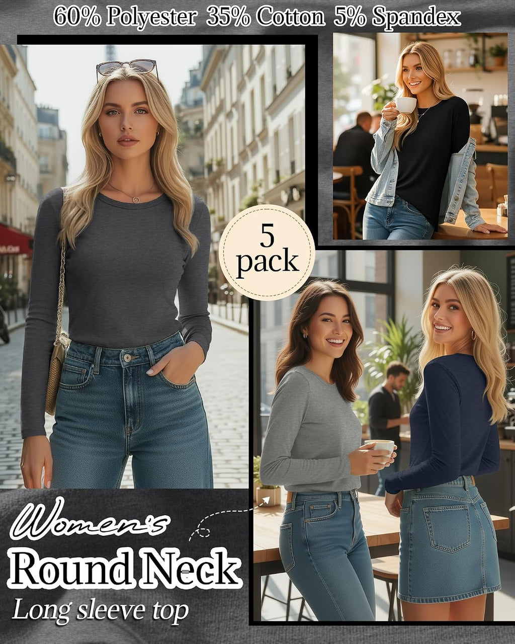 Huukeay 5 Pack Women's Crew Neck Long Sleeve Shirts