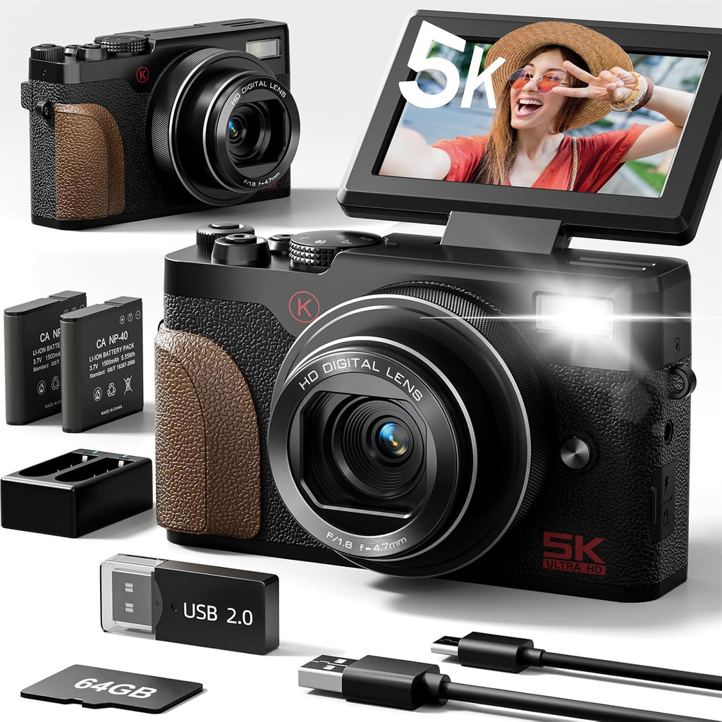 NBD 5K 64MP Digital Cameras for Photography, 18X Digital Zoom, Flip Screen