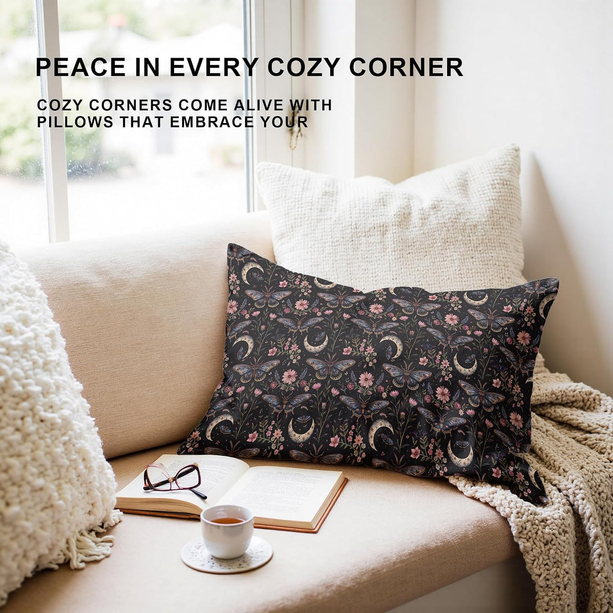 Mystical Gothic Boho Moody Moth Moon Pillow Covers 12x20, Dark Academia Floral Butterfly Throw Pillowcases, Witchy Cottagecore Pillow Cover Decor for Bedroom Living Room Couch, Double-Sided
