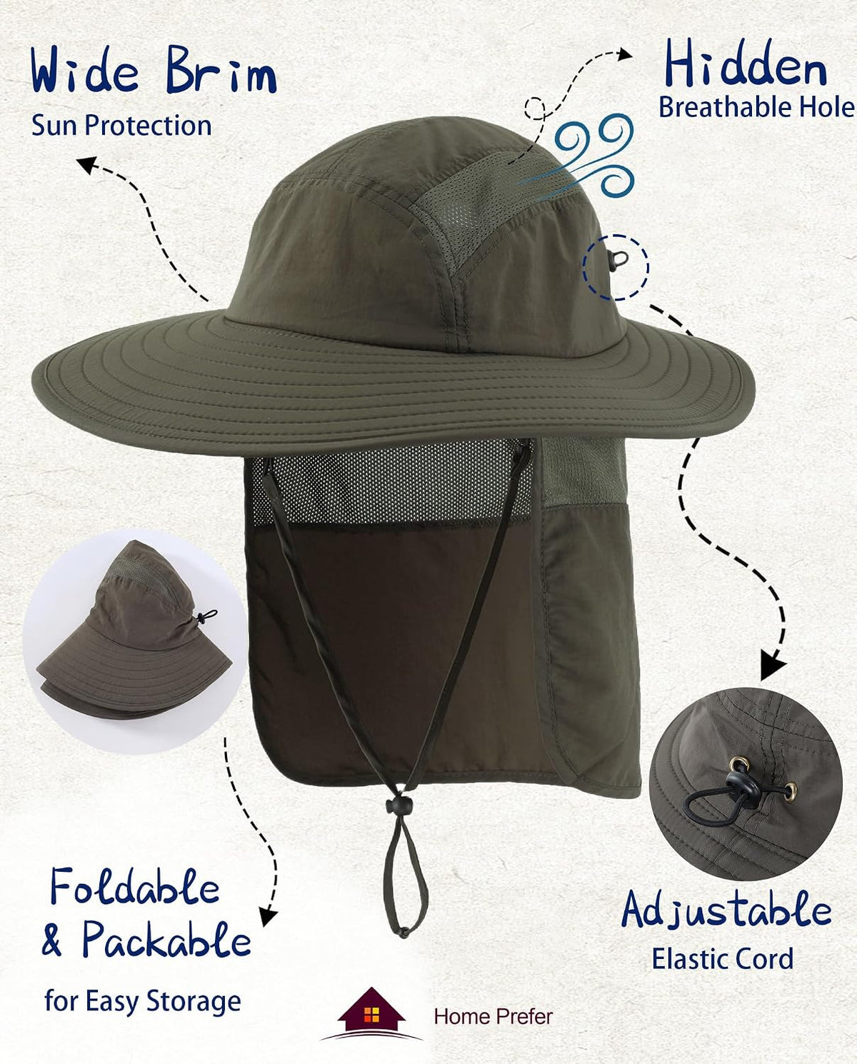 Home Prefer UPF 50+ Sun Hat with Neck Flap Wide Brim Fishing Hat for Men