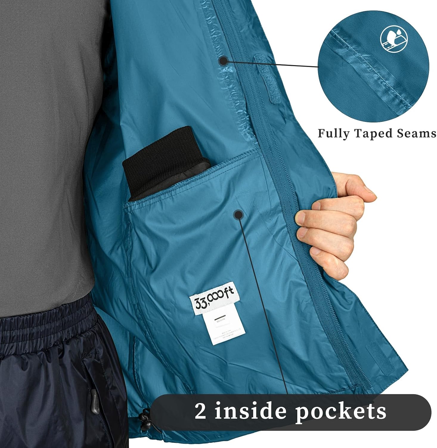 33,000ft Men's Packable Rain Jacket Lightweight Waterproof Golf Raincoat