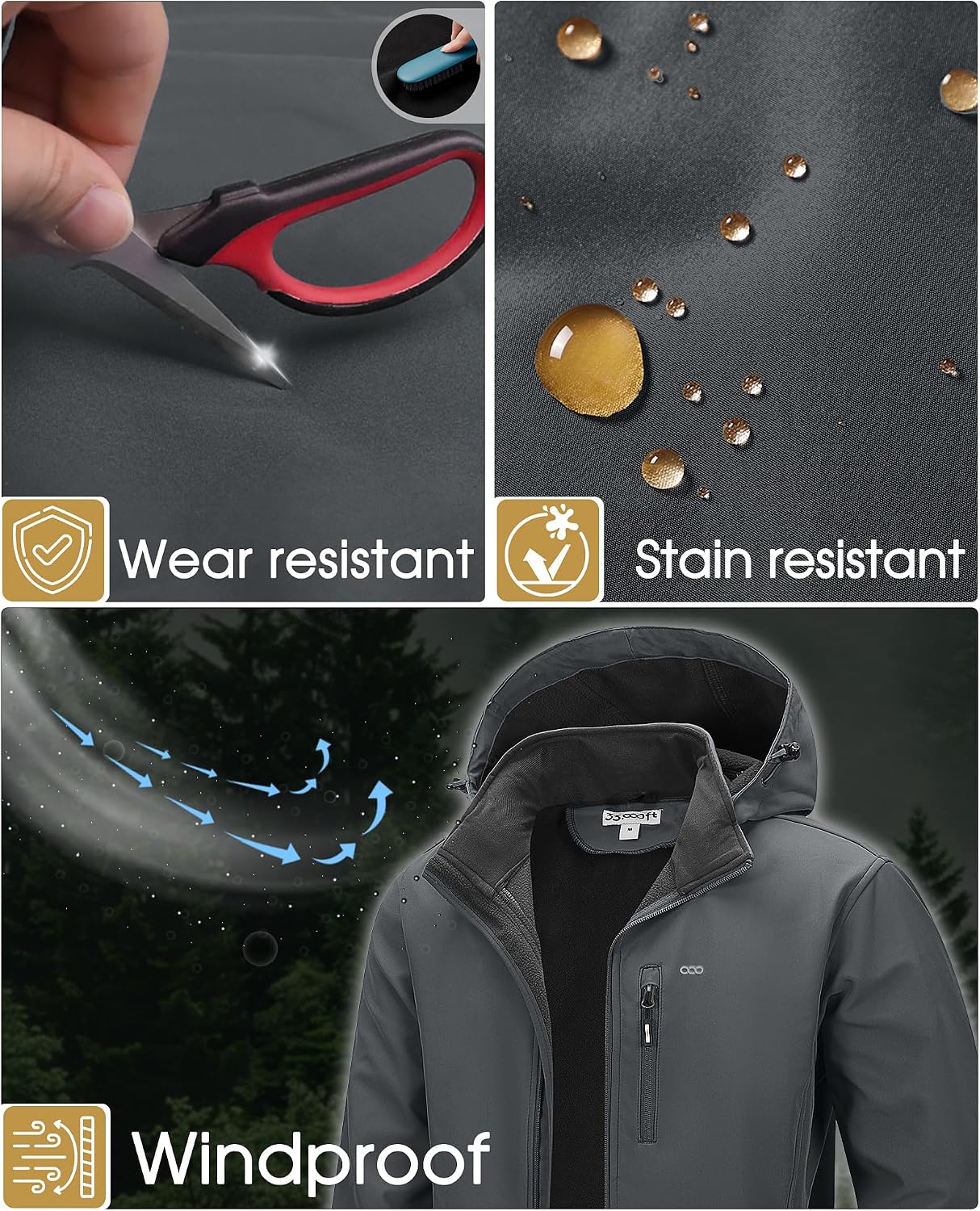33,000ft Men's Hooded Softshell Jacket Waterproof Fleece Windbreaker Jacket