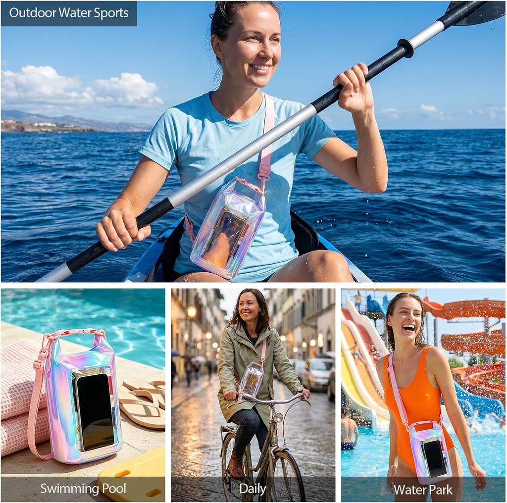 IP68 Waterproof Phone Pouch Case Three-Layer Seal for iPhone 17 16 Pro Max/15/14, IP68 Travel Cellphone Dry Bag Beach Cruise Ship Essential Bucket Bag with Crossbody Lanyard, Iridescent