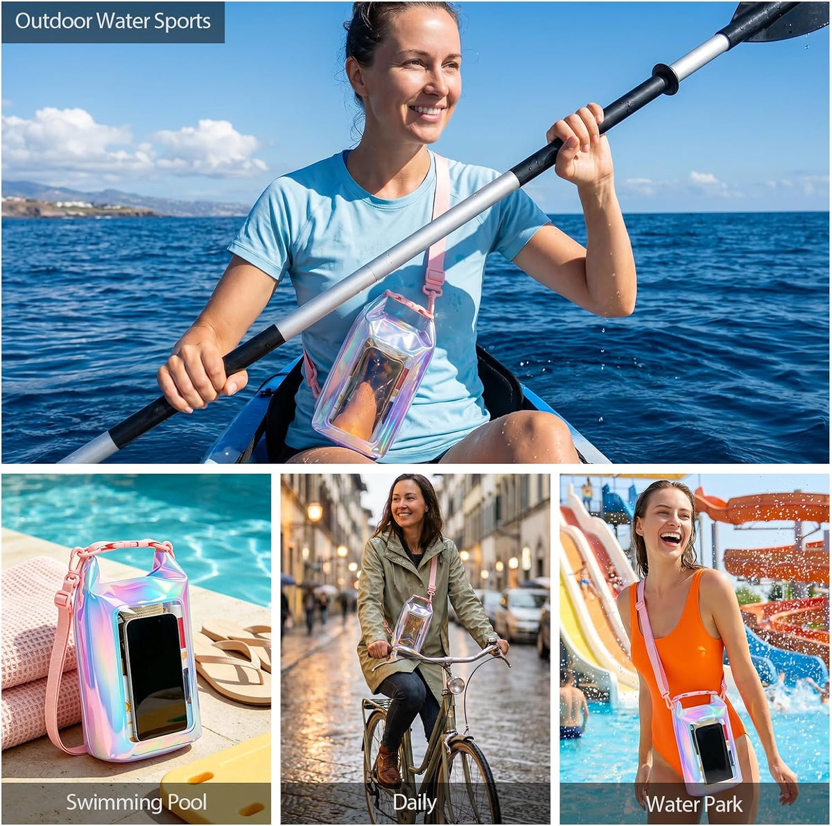 IP68 Waterproof Phone Pouch Case Three-Layer Seal for iPhone 17 16 Pro Max/15/14, IP68 Travel Cellphone Dry Bag Beach Cruise Ship Essential Bucket Bag with Crossbody Lanyard, Iridescent