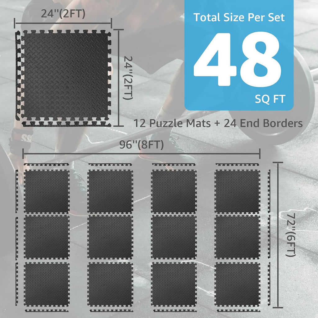 Art3d EVA Puzzle Exercise Mats, 24"x24", 1/2" Thick,12-Pack,Black