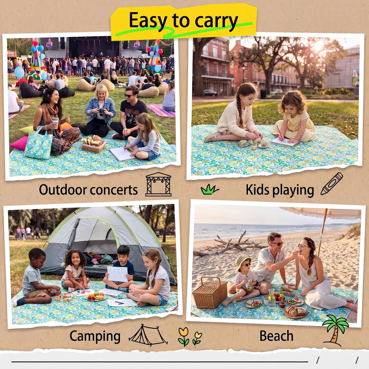 Shellwei 6 Pcs Picnic Blankets Waterproof Sandproof, 80 x 60 Inch