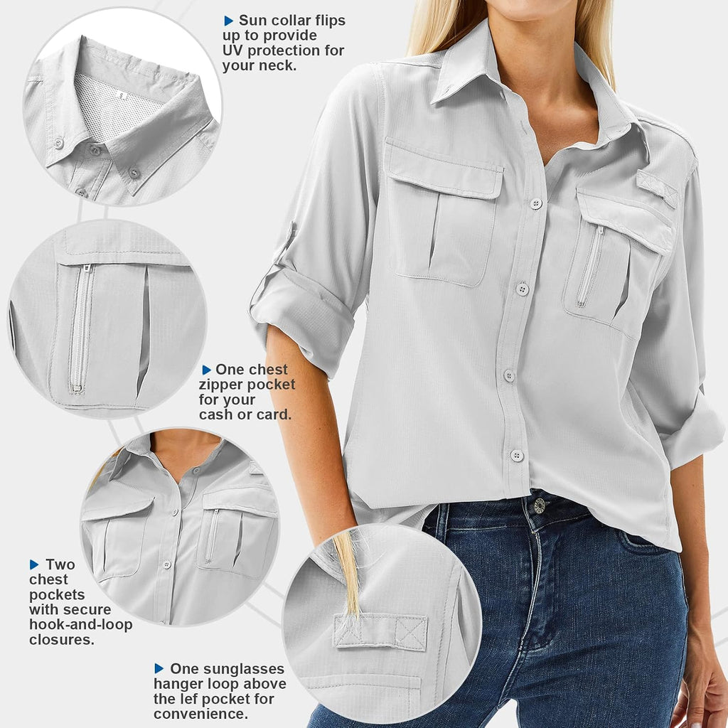Women's UPF 50 Long Sleeve Sun Protection Safari Fish Hiking Shirts