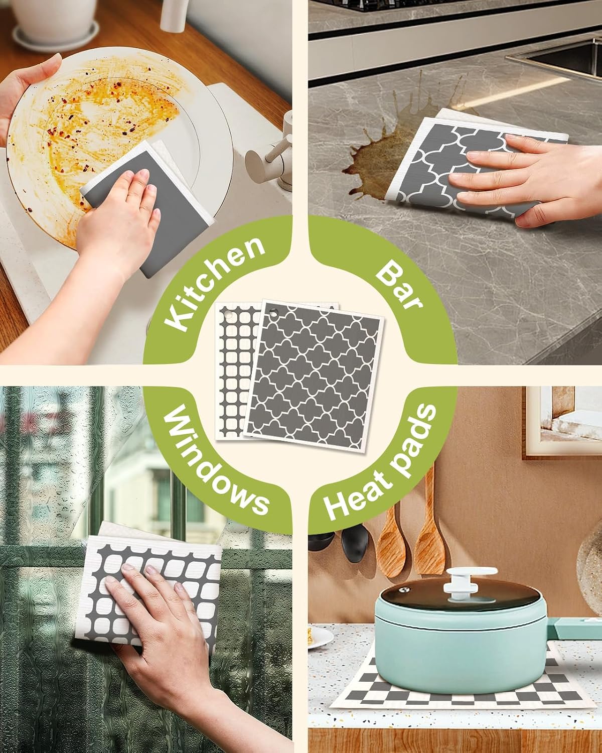 Miss Adola 6 Pack Swedish Dishcloths for Kitchen - Reusable Dish Cloths for Washing Dishes Absorbent Cute Funny Kitchen Towels Cleaning Sponge, Grey Checked