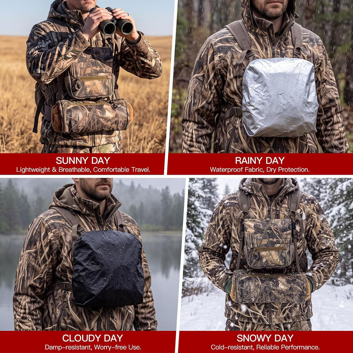 Binoculars Harness Chest Pack with Rangefinder Pouch and Hand Warmer Pockets, Adjustable Shoulder Strap, Ideal for Hunting, Hiking(Vintage,Camouflage)