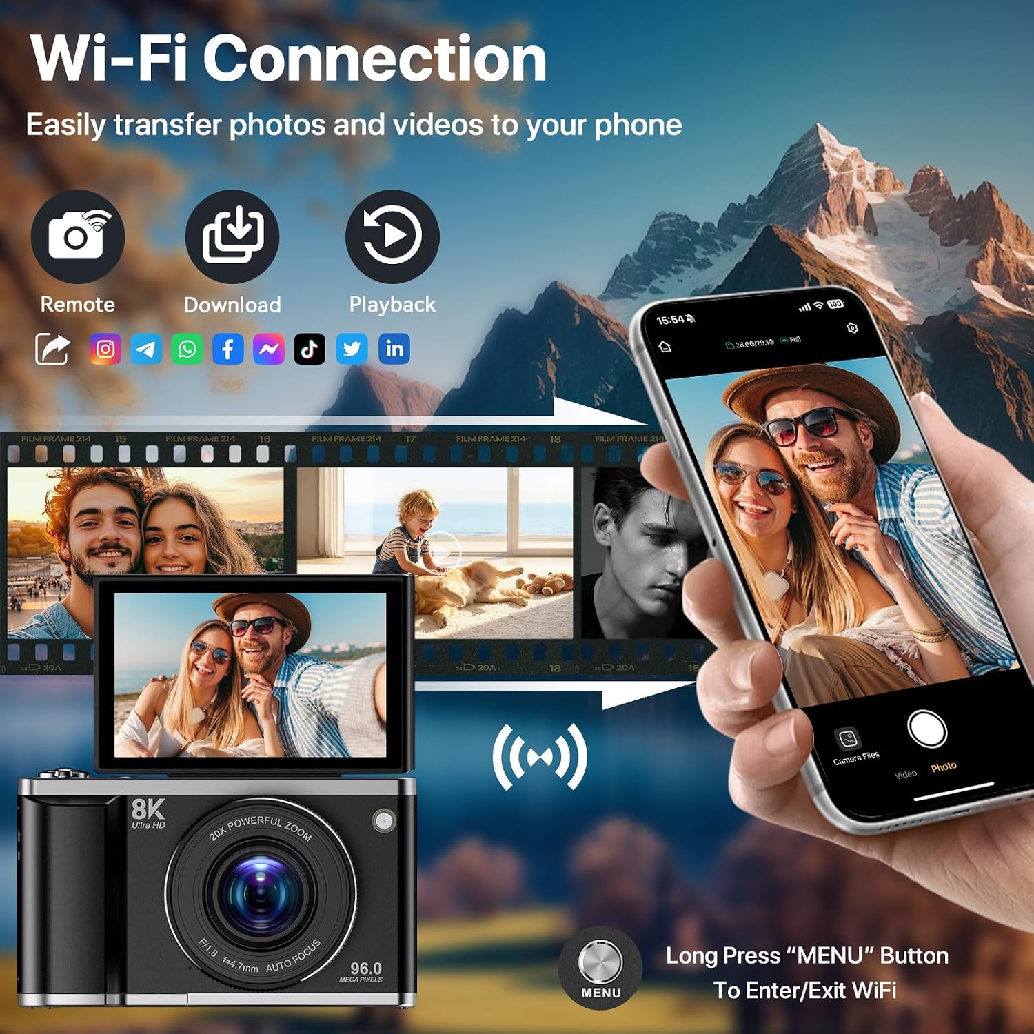 8K Digital Camera for Photography with WiFi 96MP Autofocus Vlogging Camera for YouTube Video 3.5'' 180°Flip Screen 20X Zoom Anti-Shake Compact Point and Shoot Cameras for Beginner Creator with SD Card