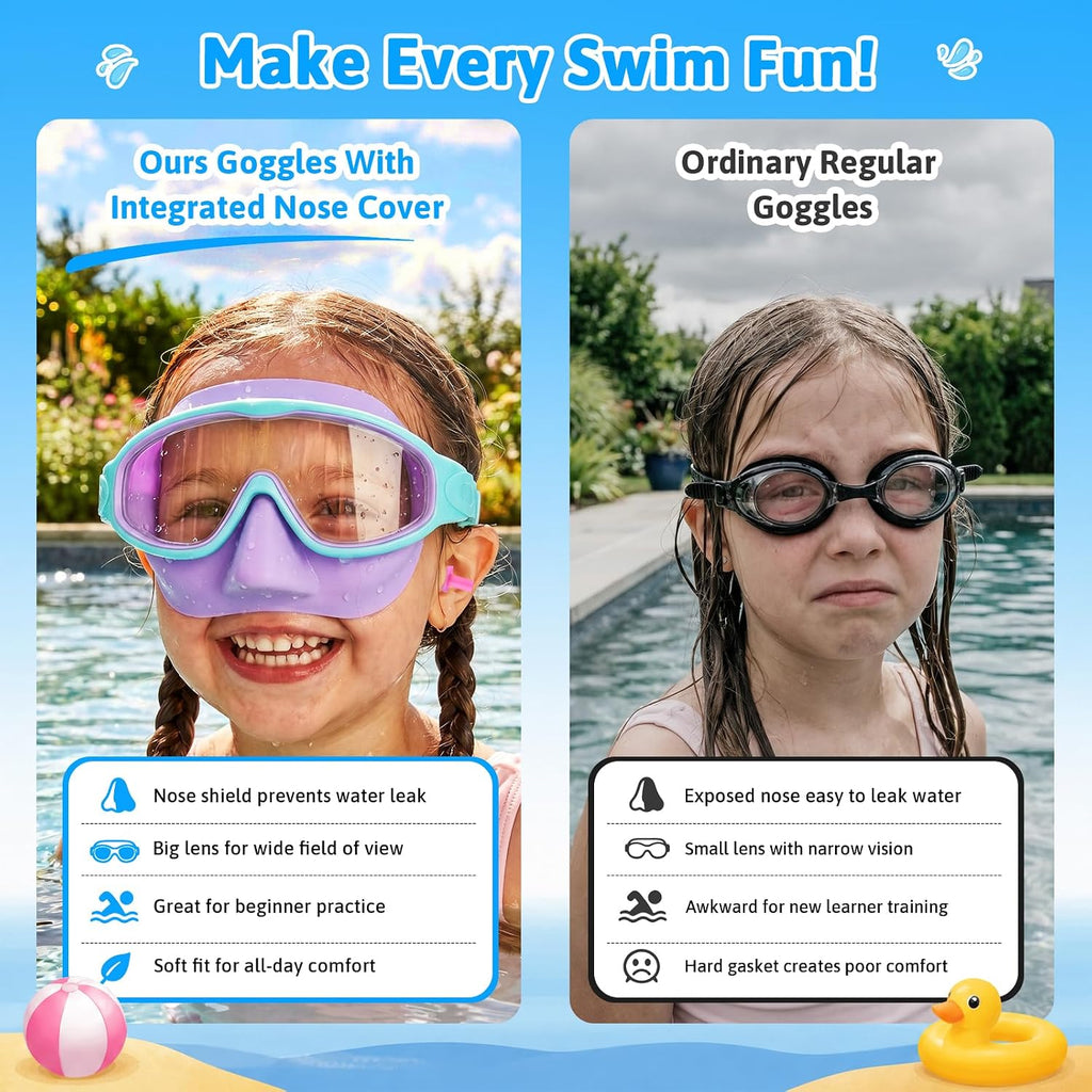 DANZHANG 2 Pack Kids Goggles with Nose Cover,Swim Goggle with Earplugs