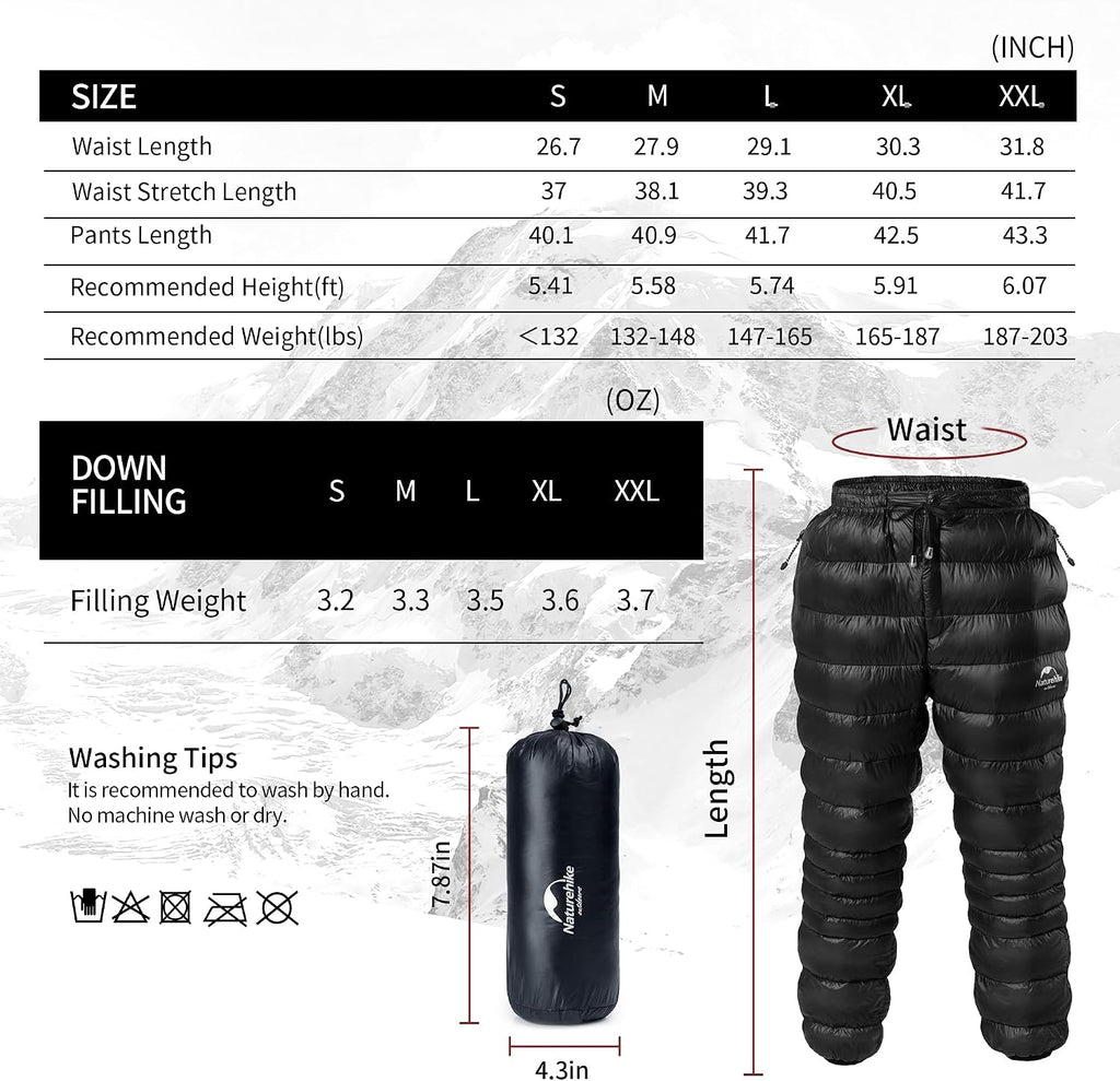 Naturehike Down Pants,Men's Women's Puffy Pants,Winter Warm Outdoor Men Women Ski Snow Pants,Camping Hiking Pants