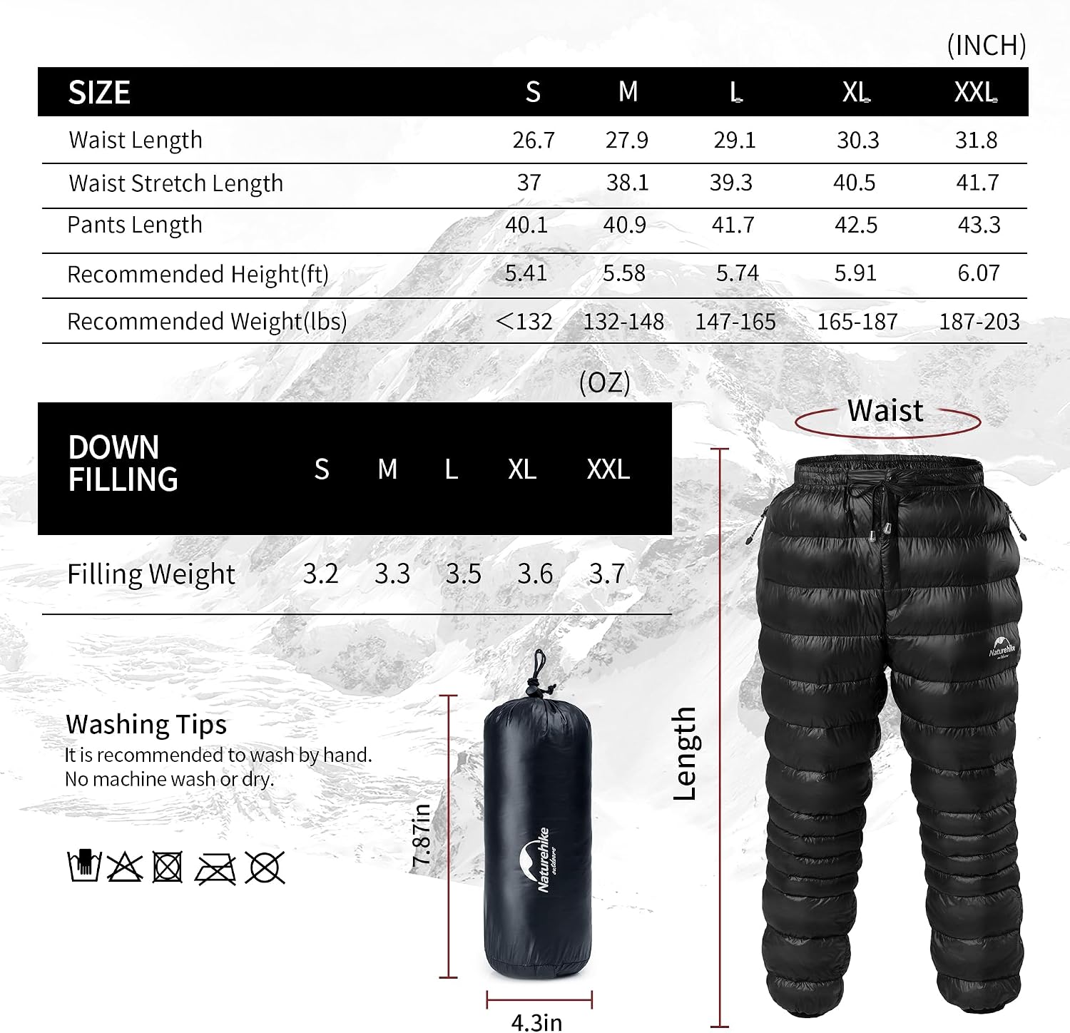 Naturehike Down Pants,Men's Women's Puffy Pants,Winter Warm Outdoor Men Women Ski Snow Pants,Camping Hiking Pants