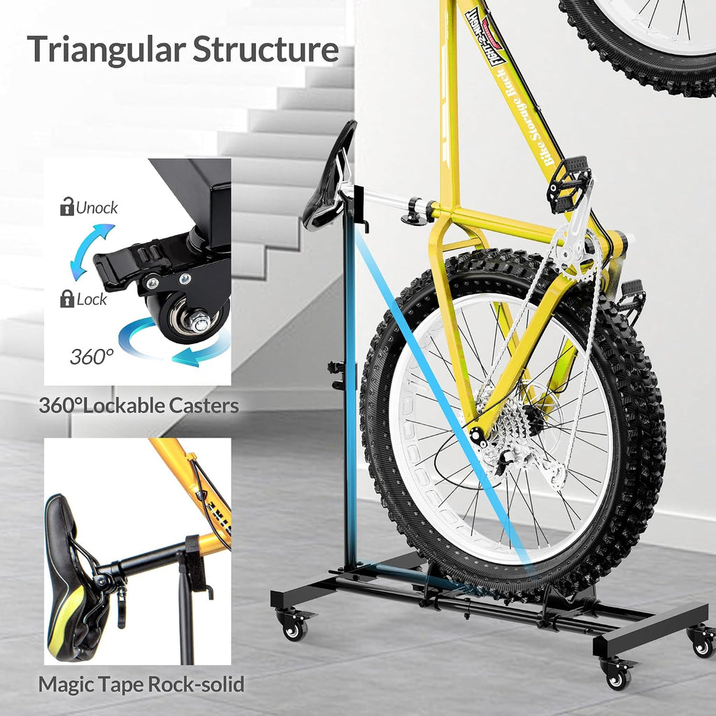 Vertical Bike Stand, Freestanding Bike Rack for Garage Storage, Upright Bicycle Floor Stand with Adjustable Height and 360° Rolling Wheels, Space Saving Indoor Bike Holder for 24"-29" Standard Bikes