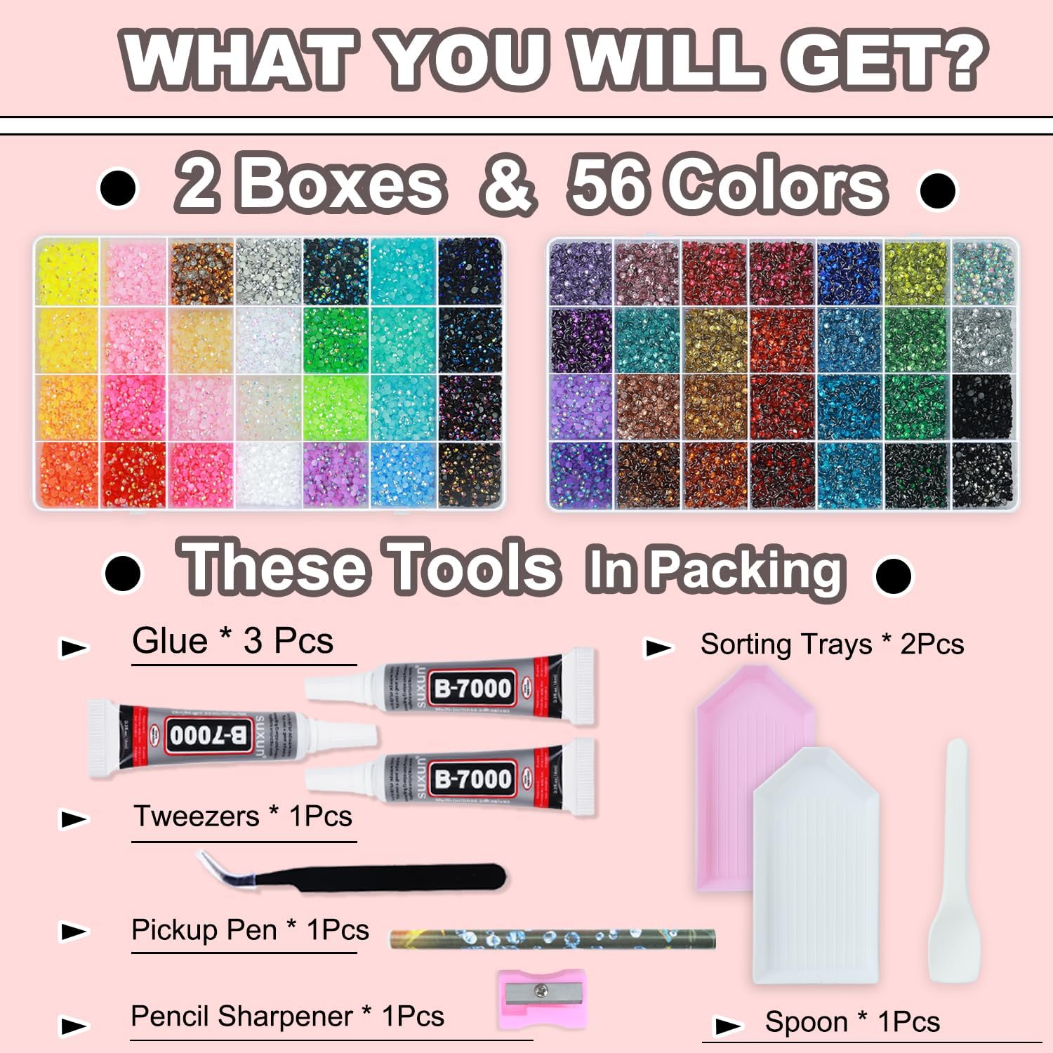 56 Colors Rhinestones for Bedazzling, 2 Boxes 3mm Multicolor Resin Jelly Flatback Gems with 3 Pcs B7000 Jewelry Glue & Tools, Bedazzler Kit for DIY Crafts Book Clothes Makeup Shoes Gifts Decor