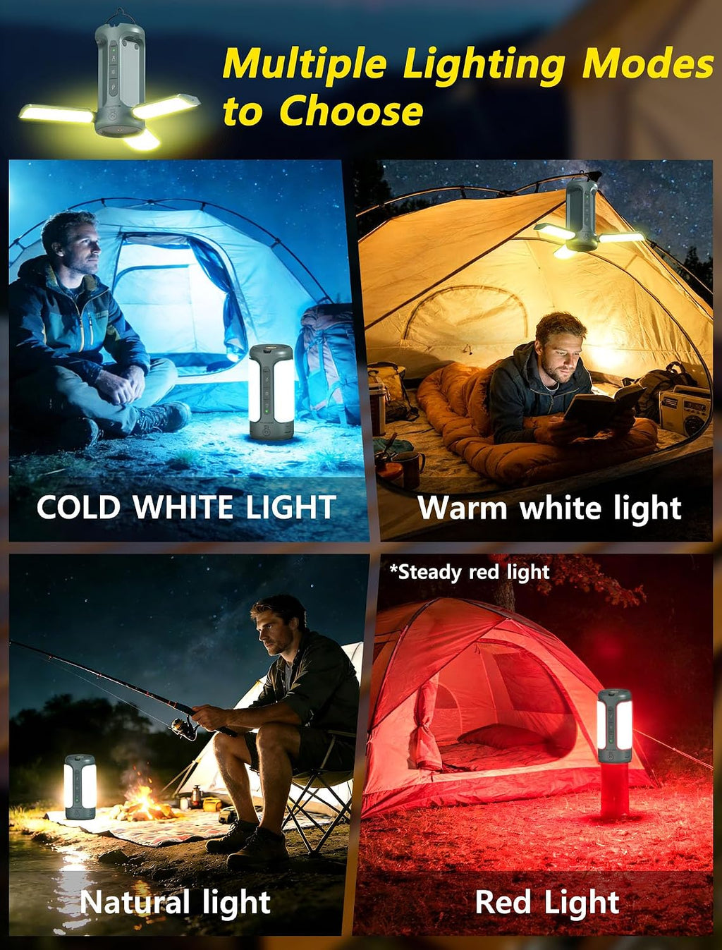 Camping Lantern Rechargeable, 3-in-1 Foldable Tent Light & Flashlight, 1500LM, 10000mAh, IP54 Water Resistant, 1/4" Screw Base, Stepless Dimming, 5 Modes for Camping, Hiking, Power Outages