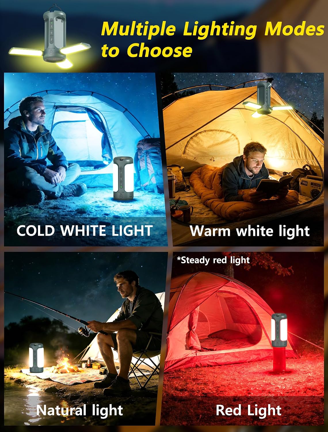 Camping Lantern Rechargeable, 3-in-1 Foldable Tent Light & Flashlight, 1500LM, 10000mAh, IP54 Water Resistant, 1/4" Screw Base, Stepless Dimming, 5 Modes for Camping, Hiking, Power Outages
