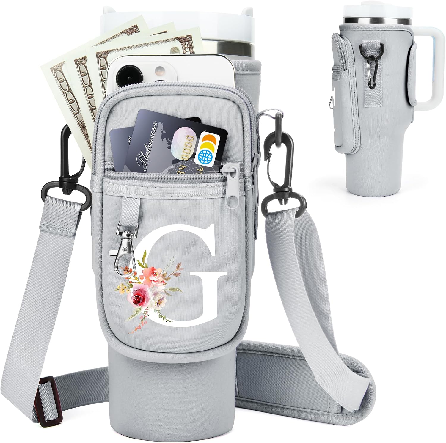 Initial Water Bottle Holder with Strap for Stanley Cup Accessories 40 oz/Simple Modern Tumbler, Birthdays for Women Girls, Water Bottle Carrier Bag with Phone Pocket,Hiking Walking Gym Camping