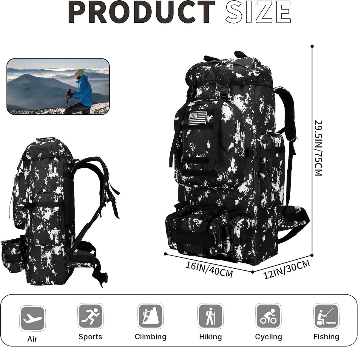 King'sGuard 100L Camping Hiking Backpack Molle Rucksack Military Camping Backpacking Daypack (Black Lighting)