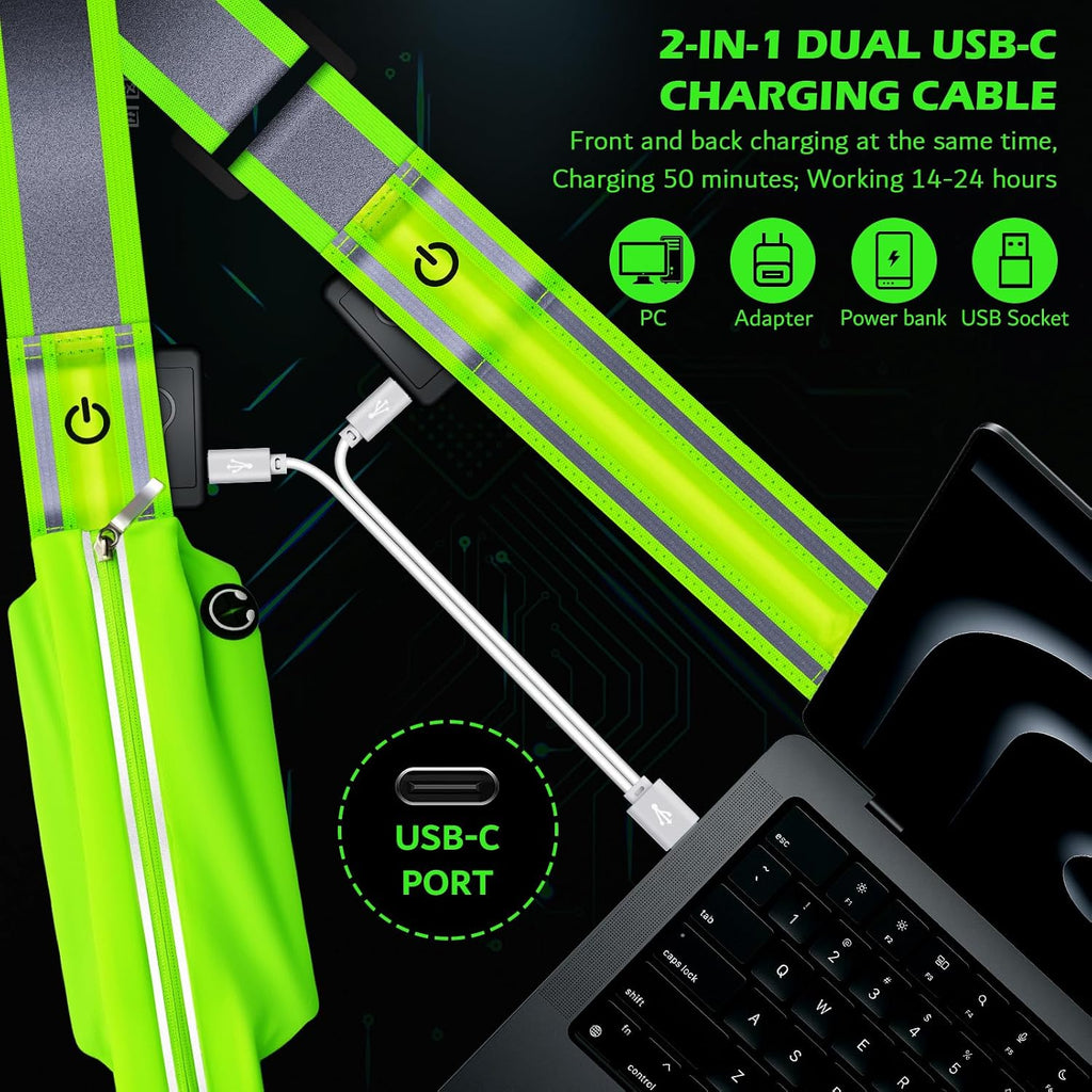 Ylzzrs Reflective Sash Gear for Walking at Night,LED Reflective Belt Safety Lights,Lights for Night Dog Walking,High Visibility Type-C Rechargeable with Phone Holder for Men Women