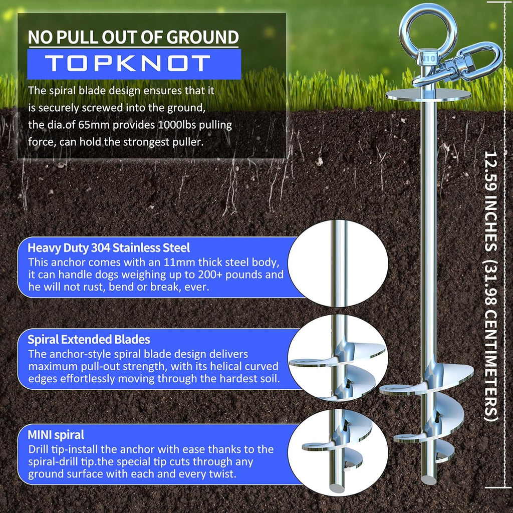 TOPKNOT Dog Tie Out Cable and Stake,360°Swivel Dog Run Anchor，with 30FT Heavy Duty Cable- No Tangle,Dog Runner for Yard - Up to 150LBS,Ideal for Outdoor Camping