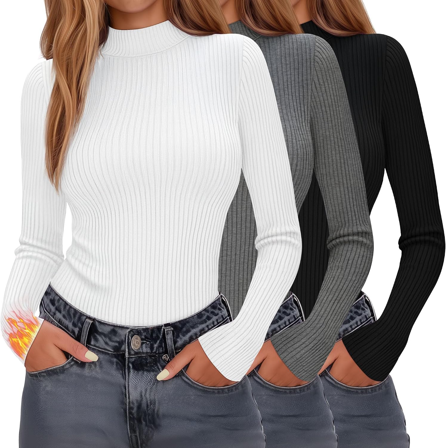 Evervibe 3 Pack Women's Ribbed Mock Neck Thermal Tops