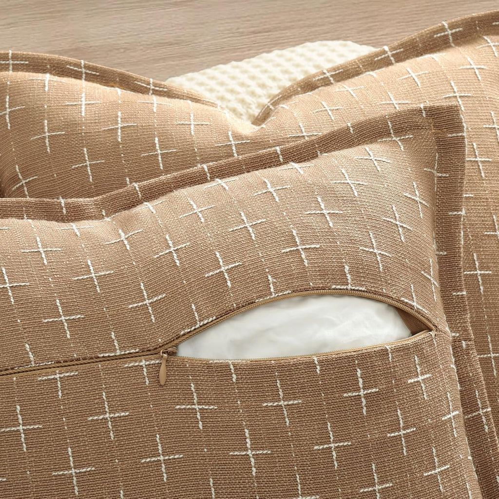 ZWJD Throw Pillow Pillow Covers 18x18 Set of 2 Soft Polyester Textured Pillow Covers with Stylish Flange Edge Cozy Farmhouse Throw Pillows for Couch Bed Sofa Living Room Camel