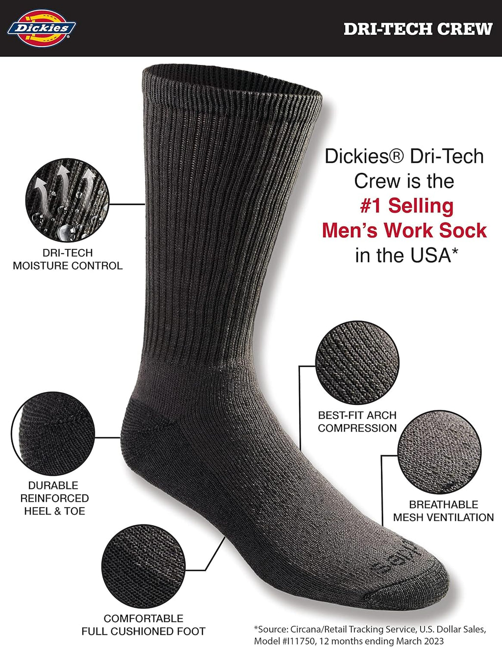 Dickies Men's Dri-Tech Essential Moisture Control Crew Socks, Available in M-XXL (6, 12 Pairs)
