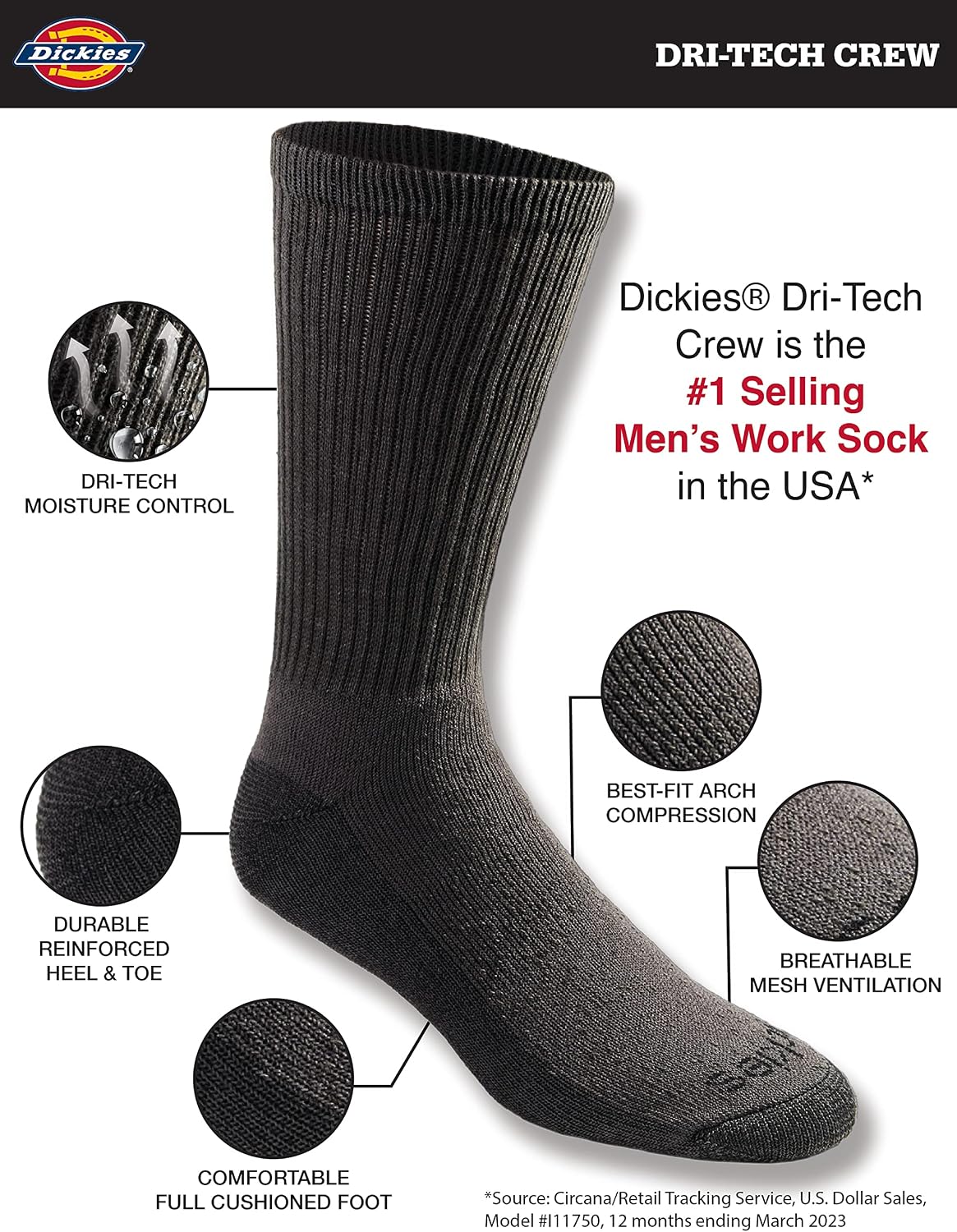 Dickies Men's Dri-Tech Essential Moisture Control Crew Socks, Available in M-XXL (6, 12 Pairs)