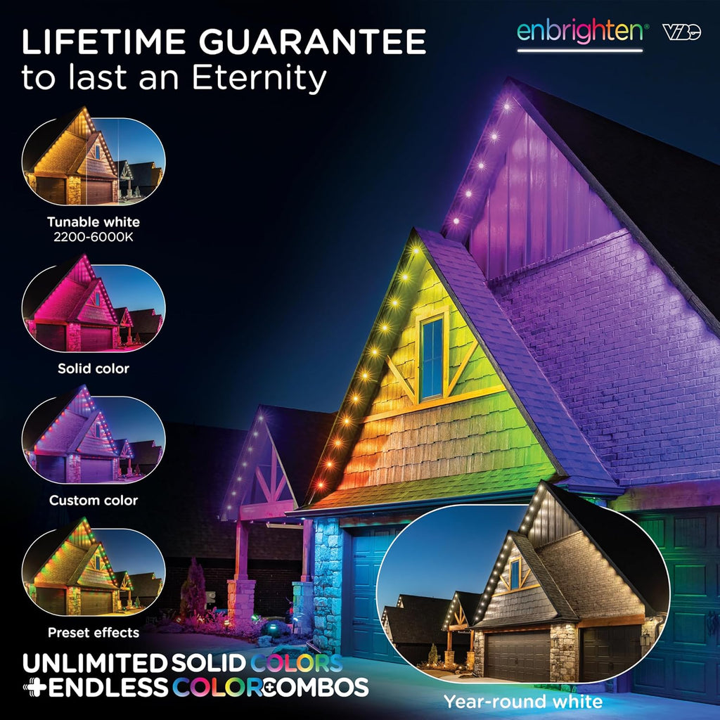 Enbrighten Eternity Permanent Outdoor Lights, 50ft with 36 RGBWIC LED Lights, App‑Controlled, Cuttable, Christmas, Accent & Year‑Round Eave Lighting, Works with Alexa & Google Home, 81102