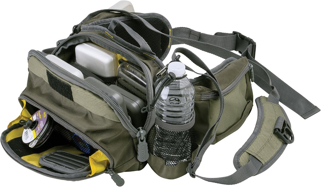 Allen Company Eagle River Lumbar Fly Fishing Pack - Holds 6 Fly Boxes, Zip‑Down Workstation, Waist Bottle Pockets, Durable Outdoor Waist Pack - Gray/Lime and Olive Green