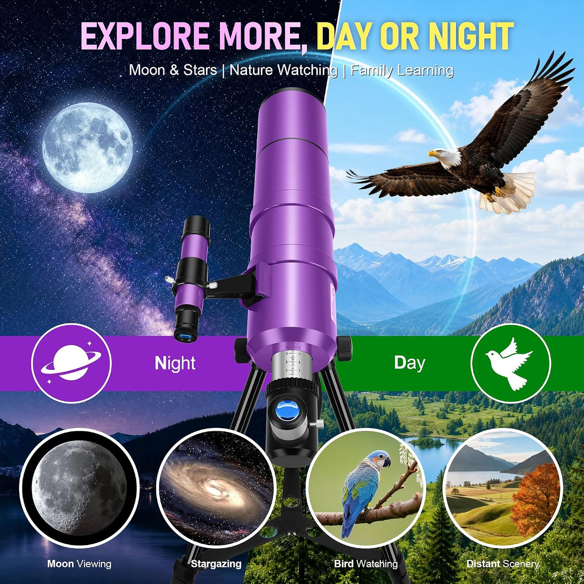 Telescope for Adults & Kids, 90mm Aperture 600mm Refractor Telescope for Astronomy Beginners, Portable Travel Telescopes with Tripod, Phone Adapter, Moon Filter, Carry Bag & Moon Phase Guide