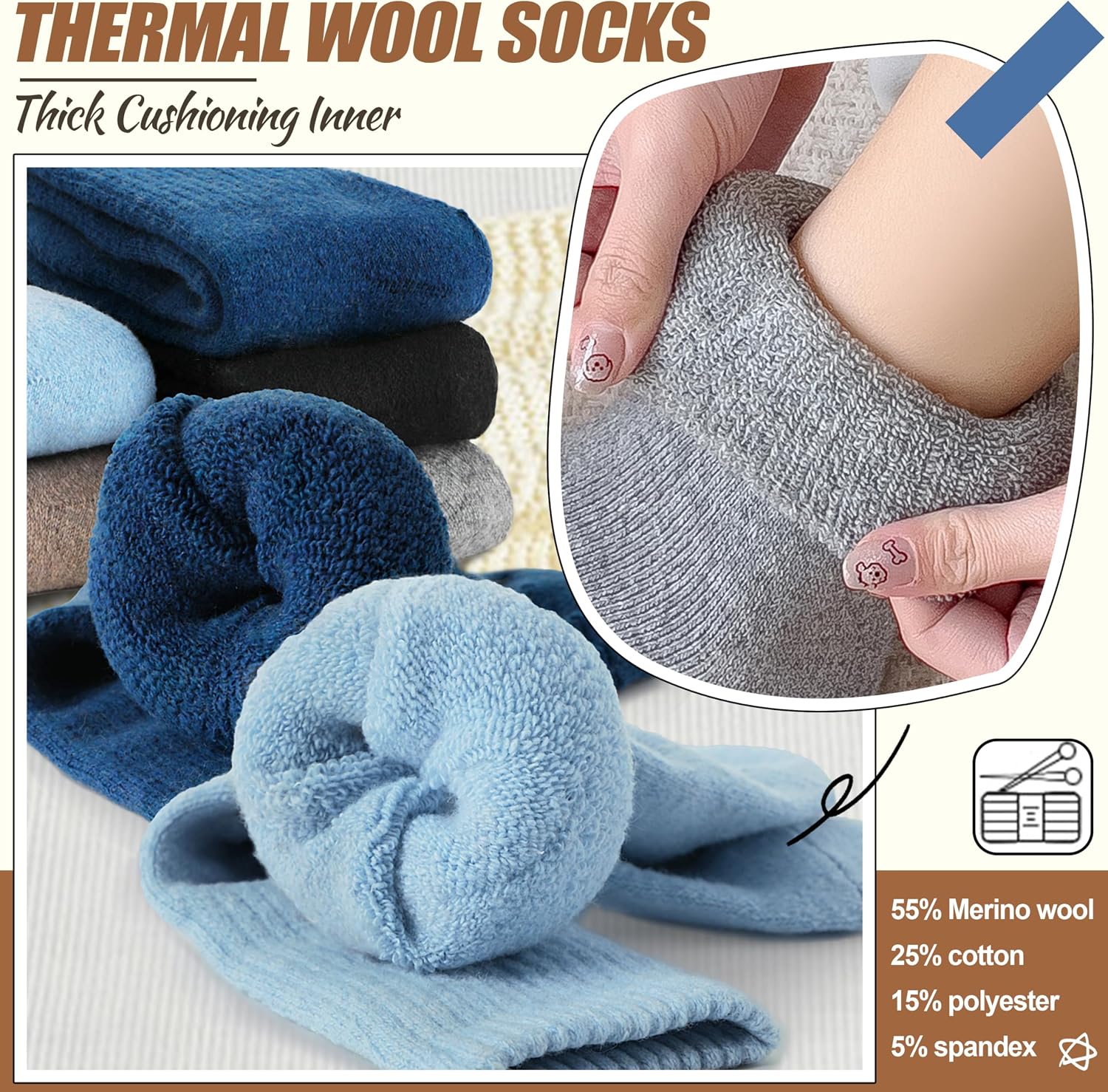 EBMORE 5 Pairs Women Merino Wool Boot Socks Warm Thermal Winter Thick Hiking Cozy Cabin Crew Comfy Socks for Ladies