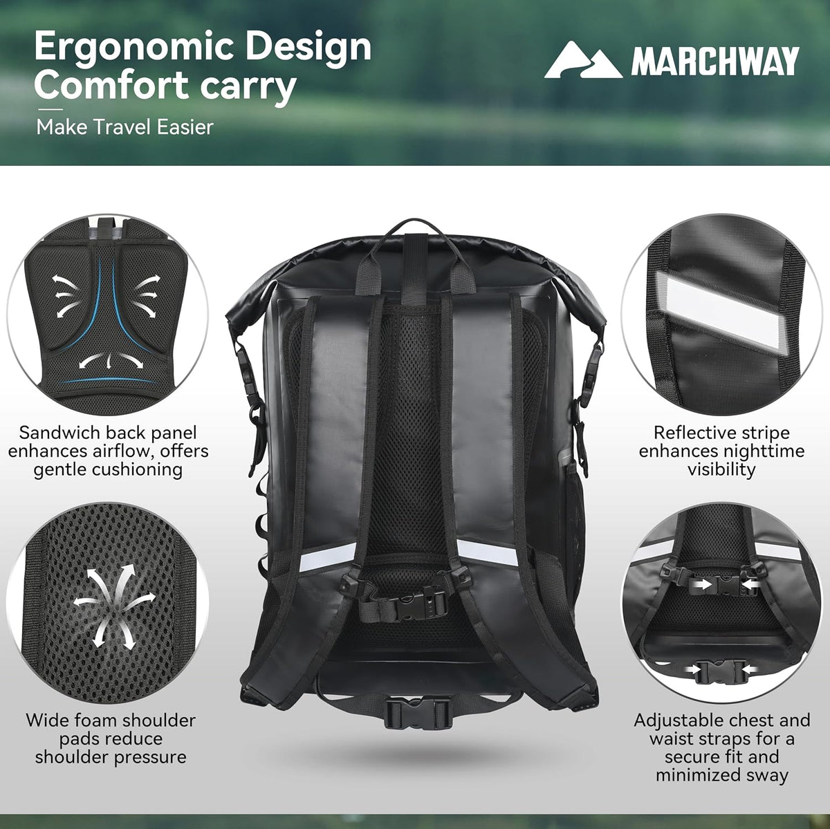 MARCHWAY Roll Top Waterproof Backpack, Floating Dry Bag 20L/30L/45L with Ergonomic Rectangular Base, Cushioned Back, Hip Strap for Hiking Camping Kayaking Travel (Black, 20L)