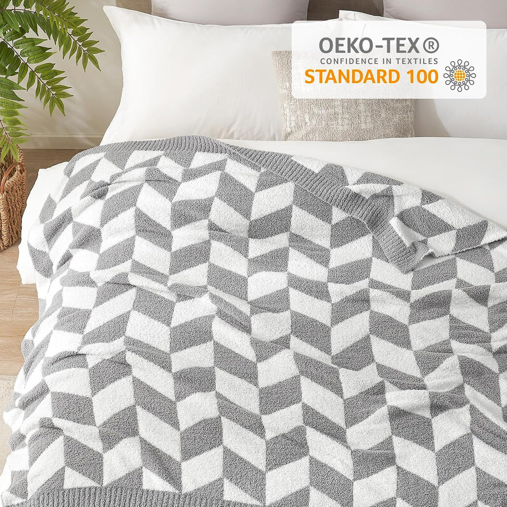 Snuggle Sac Chevron Throw Blanket for Couch, Reversible Super Soft Warm Blankets Cozy Knit Fuzzy Plush Lightweight Throws for Sofa, Bed, Camping,Grey,50x60 inches