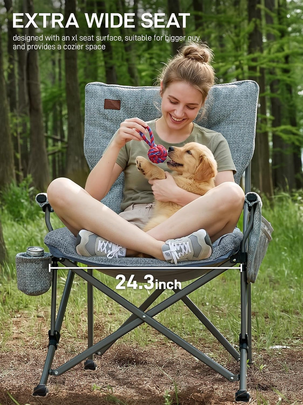 EVER ADVANCED Padded Oversized Folding Camping Chair for Adults, Heavy Duty Lawn Chair with Side Pockets, Portable Collapsible Quad Chair for Outside, Support Up to 500lbs, Light Blue