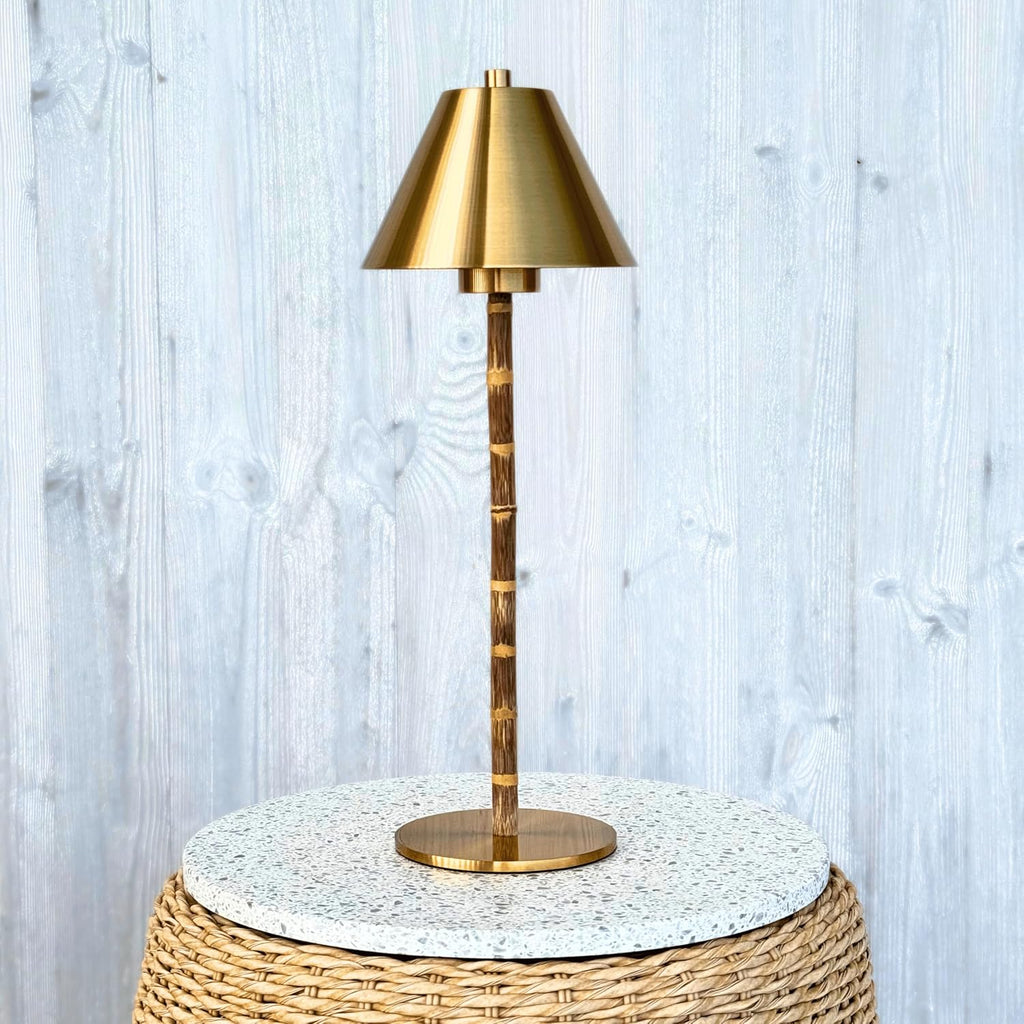 Bamboo Cordless LED Table Lamp – Rechargeable 24-Hour Battery, Dimmable Warm Light, Portable Wireless Lamp with Remote for Indoor/Outdoor Use, Home, Patio, Restaurant – (POLISHED GOLD), 14.76" Tall