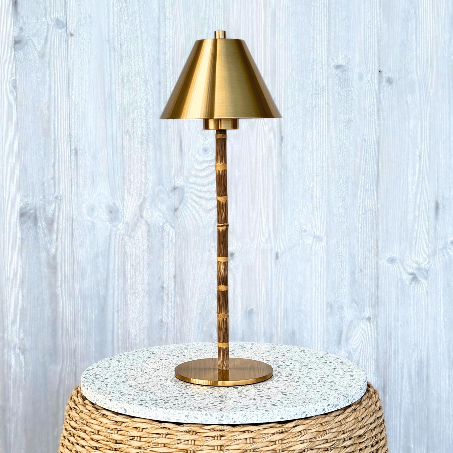Bamboo Cordless LED Table Lamp – Rechargeable 24-Hour Battery, Dimmable Warm Light, Portable Wireless Lamp with Remote for Indoor/Outdoor Use, Home, Patio, Restaurant – (POLISHED GOLD), 14.76" Tall