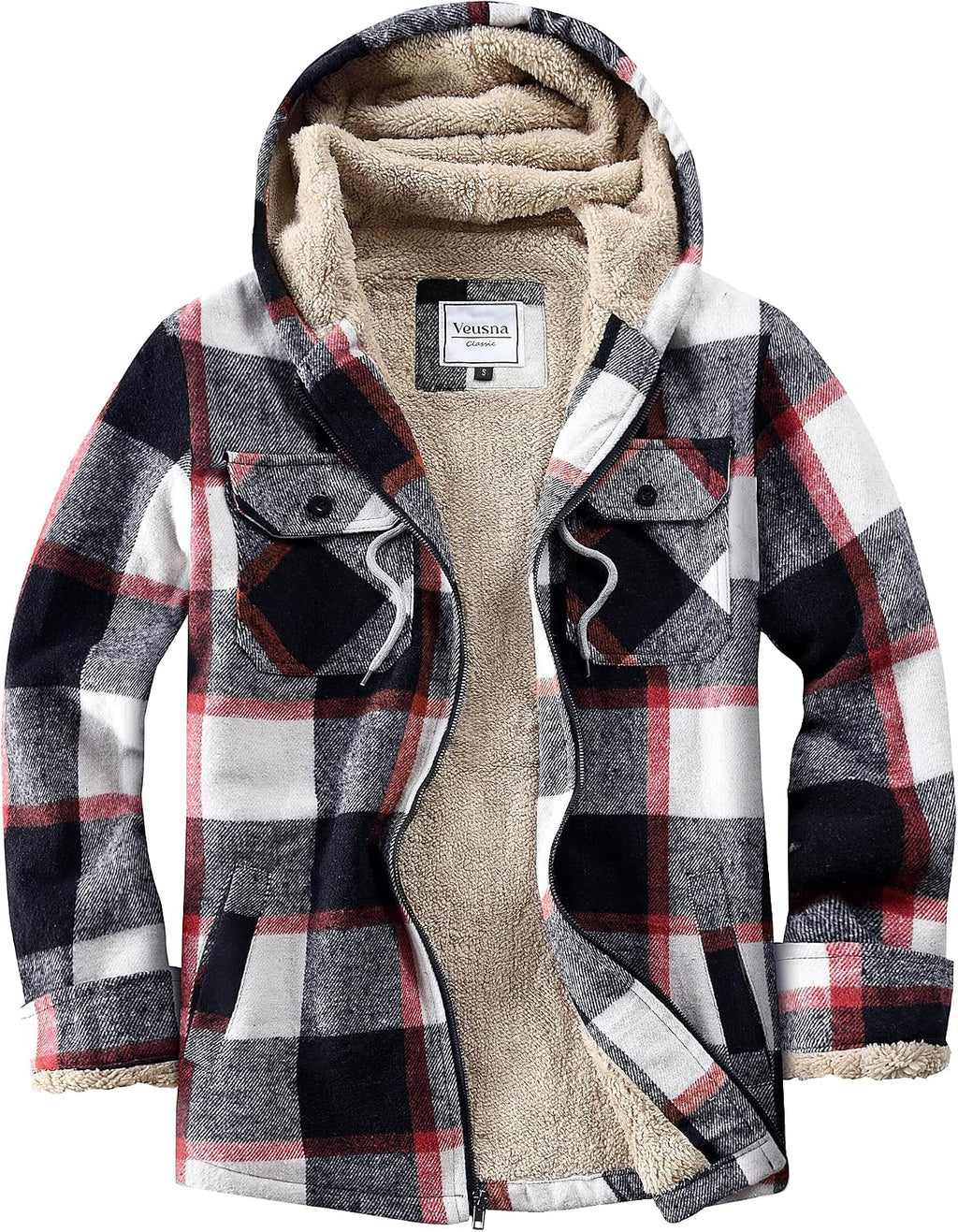 Men's Zip Up Flannel Shirt Jacket Fleece Lined with Hood