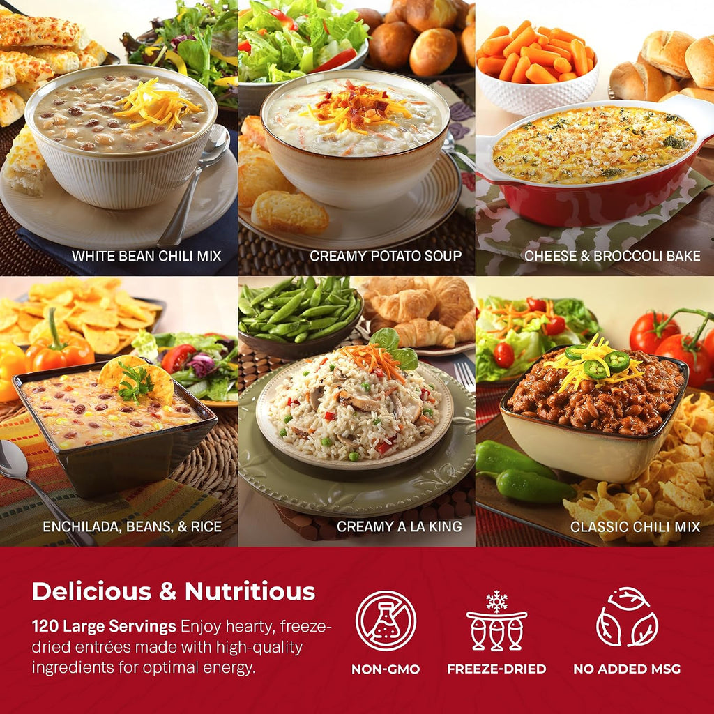 Legacy Food Storage Gluten Free 120 Serving Bucket, Emergency Food Supply, 46,200 Total Calories, 120 Large Servings, Shelf Stable Lunch & Dinner Entrees, Freeze Dried Survival Meals for MRE Camping, Hiking, & Backpacking