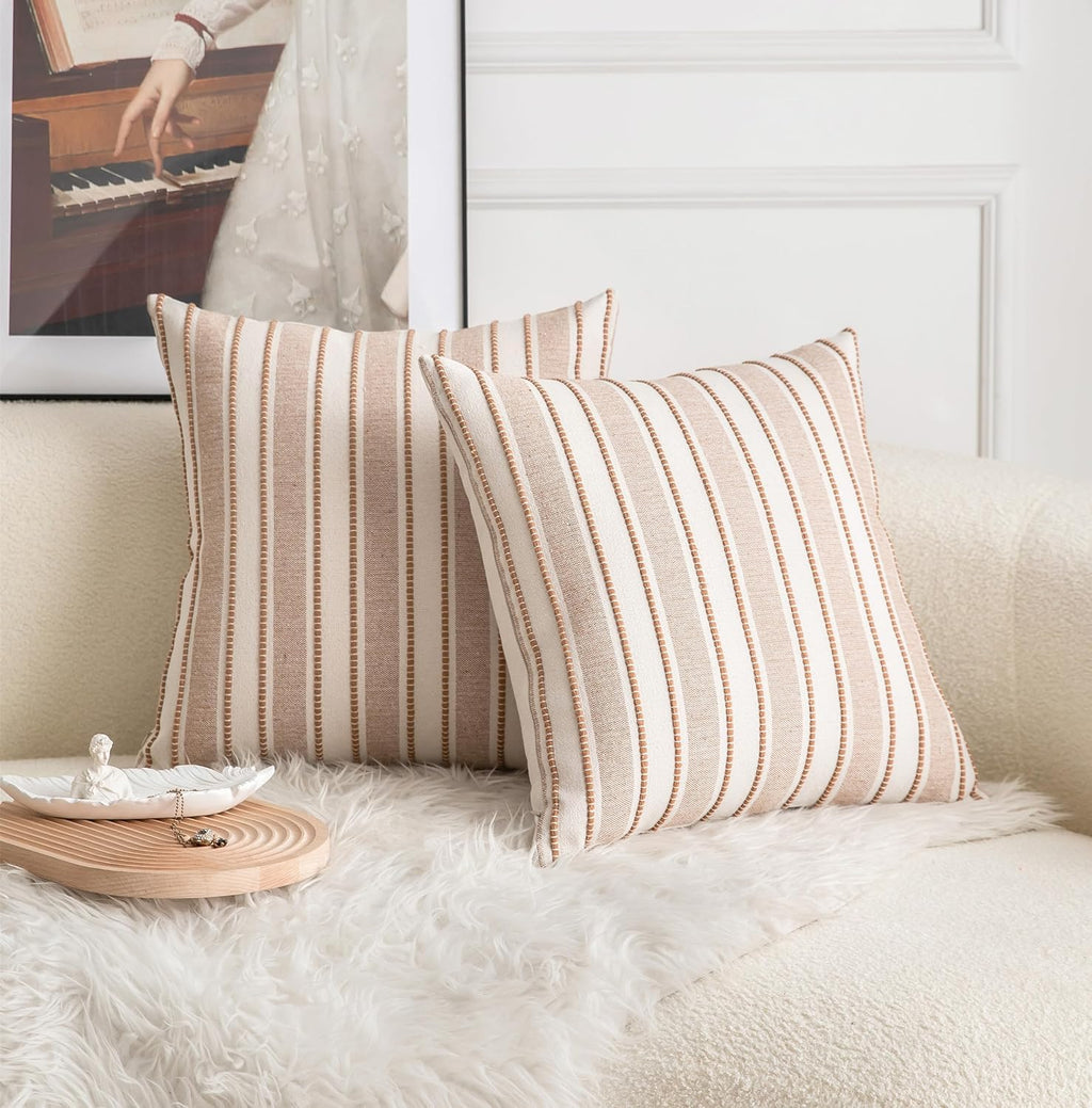 Cethom Decorative Boho Throw Pillow Covers, Farmhouse Textured Pillow Case, 18 x 18 Inch Set of 2, Chair Sofa Bedroom Living Room Home Decor Couch Cushion Case, Brown and Beige Striped