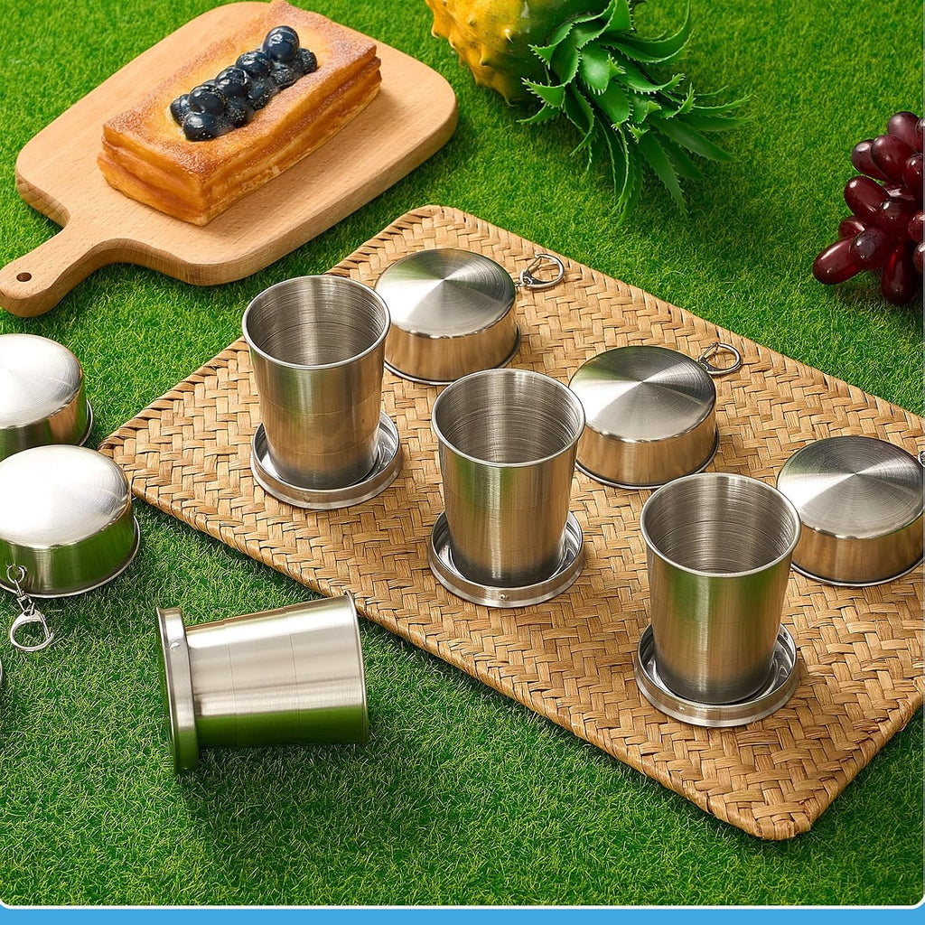 Tessco for you 6 Pieces Collapsible Shot Glasses Stainless Steel Collapsible Cup Reusable Portable Travel Folding Cup with Lid and Keychain for Camping Hiking Cycling(5 oz)