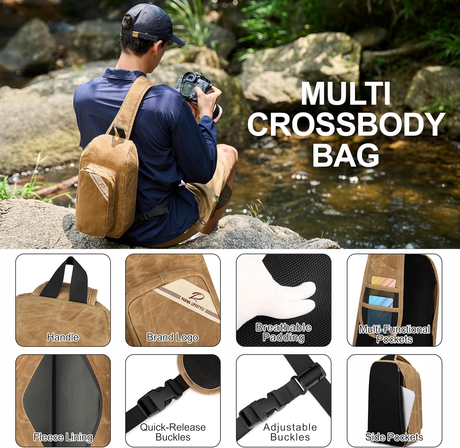 Padwa Lifestyle Khaki Crossbody Camera Bag - Waxed Memory Canvas Compact Camera Sling and Crossbody Bag with Fast Access,Versatile Lightweight Everyday Bag Great for Photographers Travel,Photography