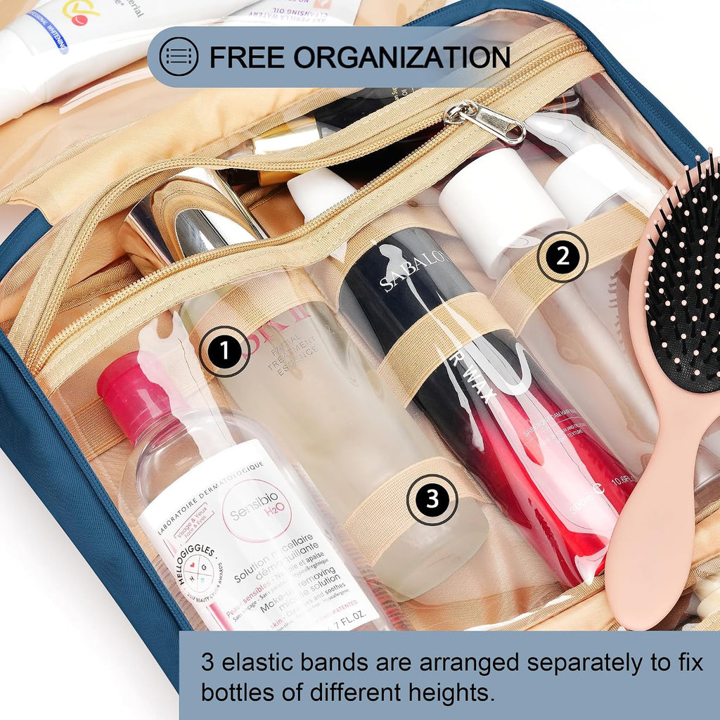 Travel Hanging Toiletry Bag for Women, with Jewelry Organizer Compartment, Medium Waterproof Hanging Makeup Accessories, Cosmetic Essentials, Toiletries Dopp Kit Set with Trolley Belt, Navy Blue