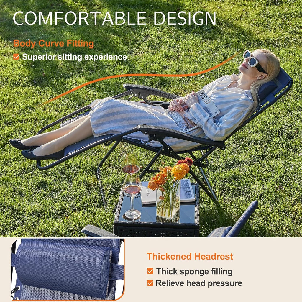 Sweetcrispy Zero Gravity Chairs, Set of 2 Portable Recliner Beach Camping Patio Outdoor Folding Lounge Chair with Cup Holder Trays and Adjustable Pillow for Poolside, Garden, Backyard, Lawn, Blue