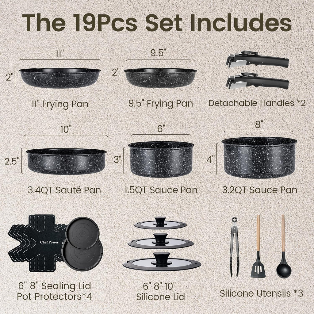 Chef Power Ceramic Cookware Set, 19 PCS Detachable Non Stick Pots and Pans