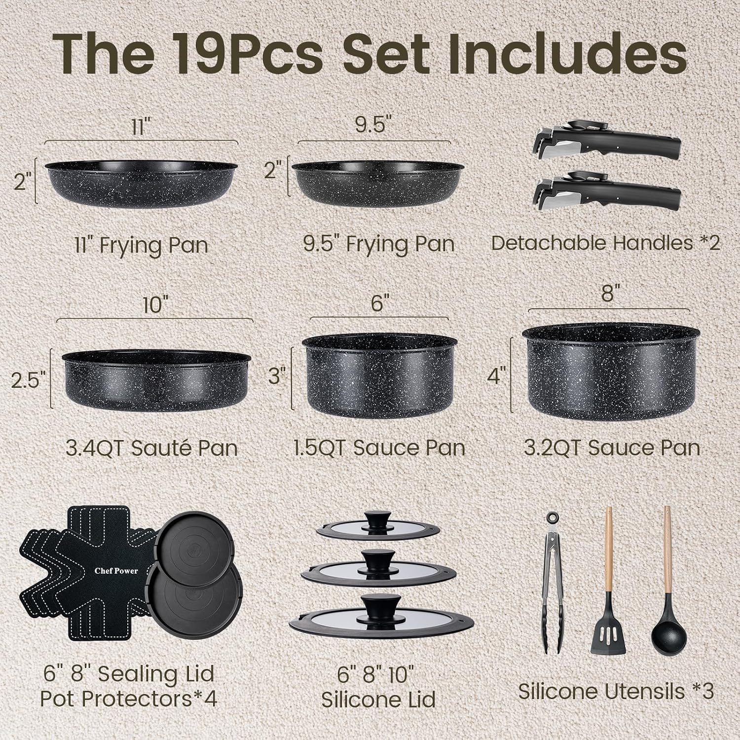 Chef Power Ceramic Cookware Set, 19 PCS Detachable Non Stick Pots and Pans