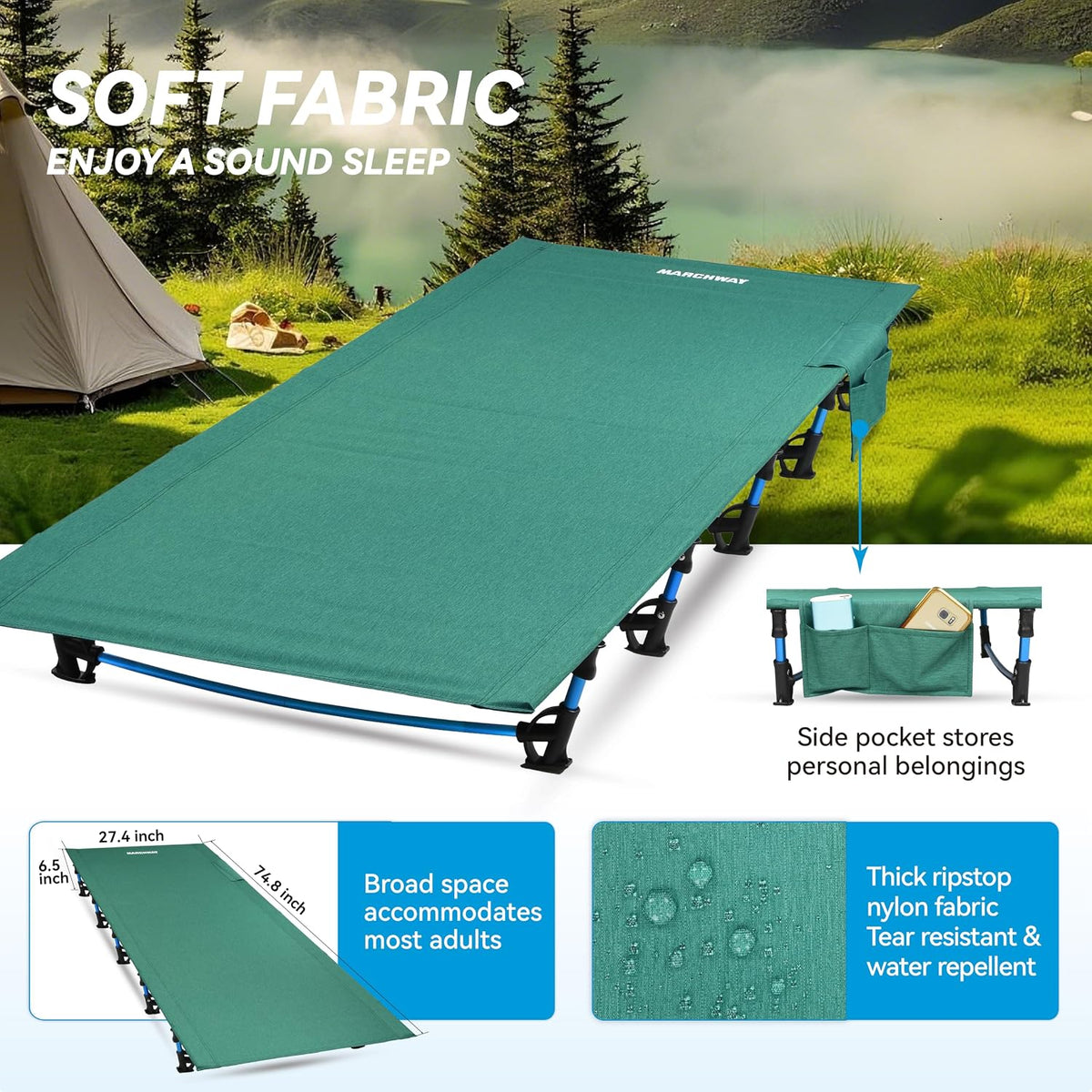 MARCHWAY Ultralight Folding Camping Cot Bed, Portable, Supports 275 lbs
