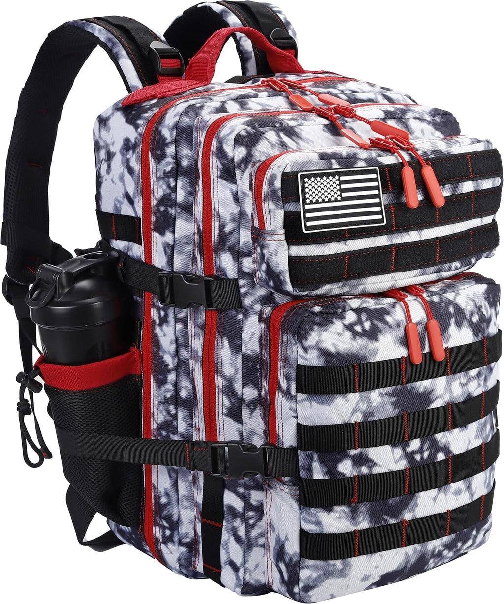 LHI Military Tactical Backpack for Men and Women 45L Army 3 Days Assault Pack Bag Large Rucksack with Molle System Black and White with Red