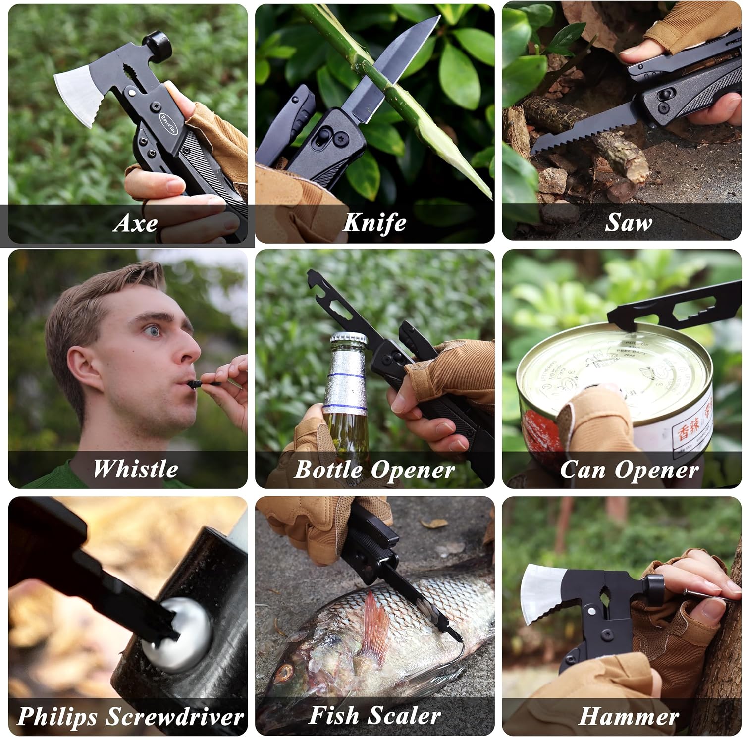 RoverTac 19-in-1 Multi-Tool Axe with Knife, Hammer, Saw, Screwdrivers, Bottle Opener, Nylon Sheath, Camping Tool Survival Gear, Gifts for Men, Dad Gifts, Husband Christmas Stocking Stuffers